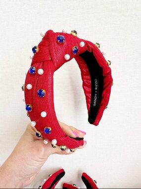 Red Knotted Headband with Blue Crystals & Pearls
